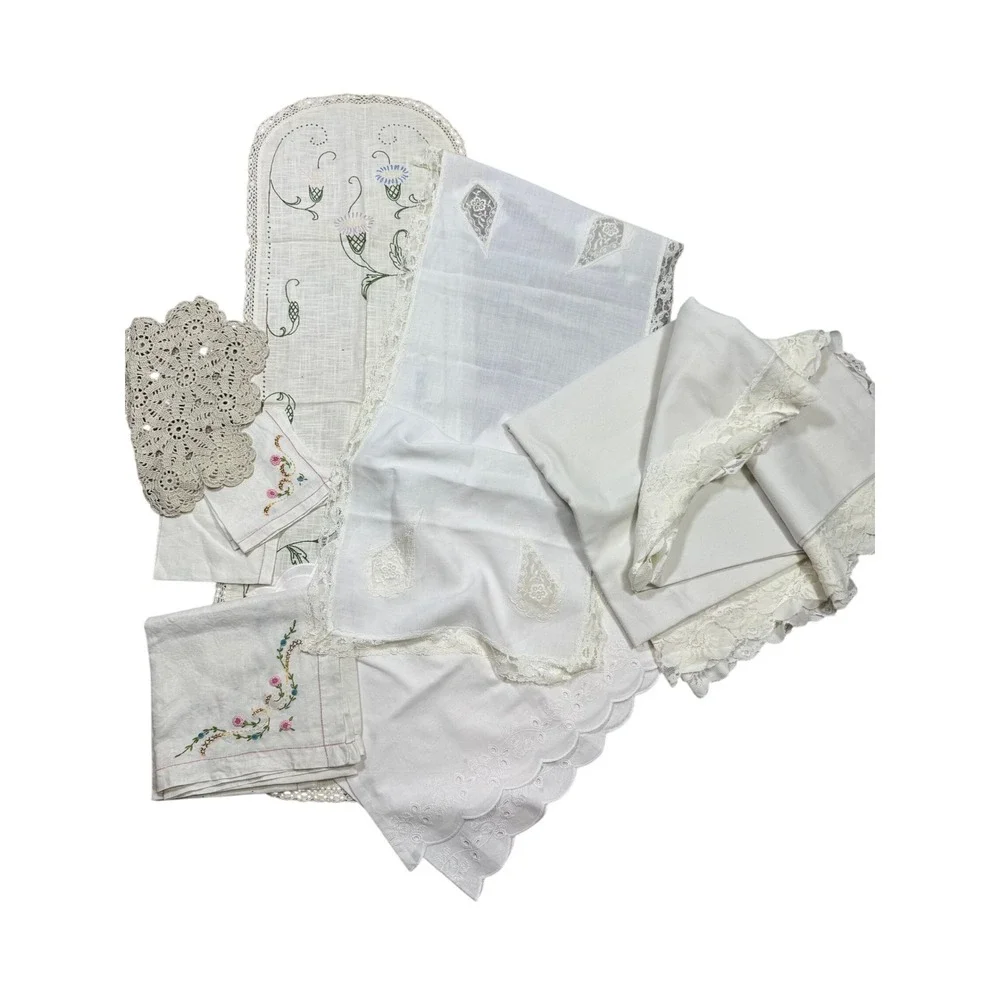 Vintage Linens Lot Embroidered Lace Doilies Scalloped Table Runner White Cottage